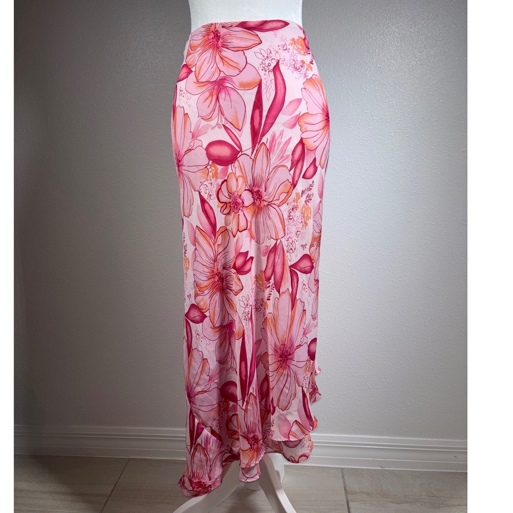 Pink Floral Maxi Skirt Asymmetrical Ruffle Fairy Whimsical Plus LaneBryant 14/16
